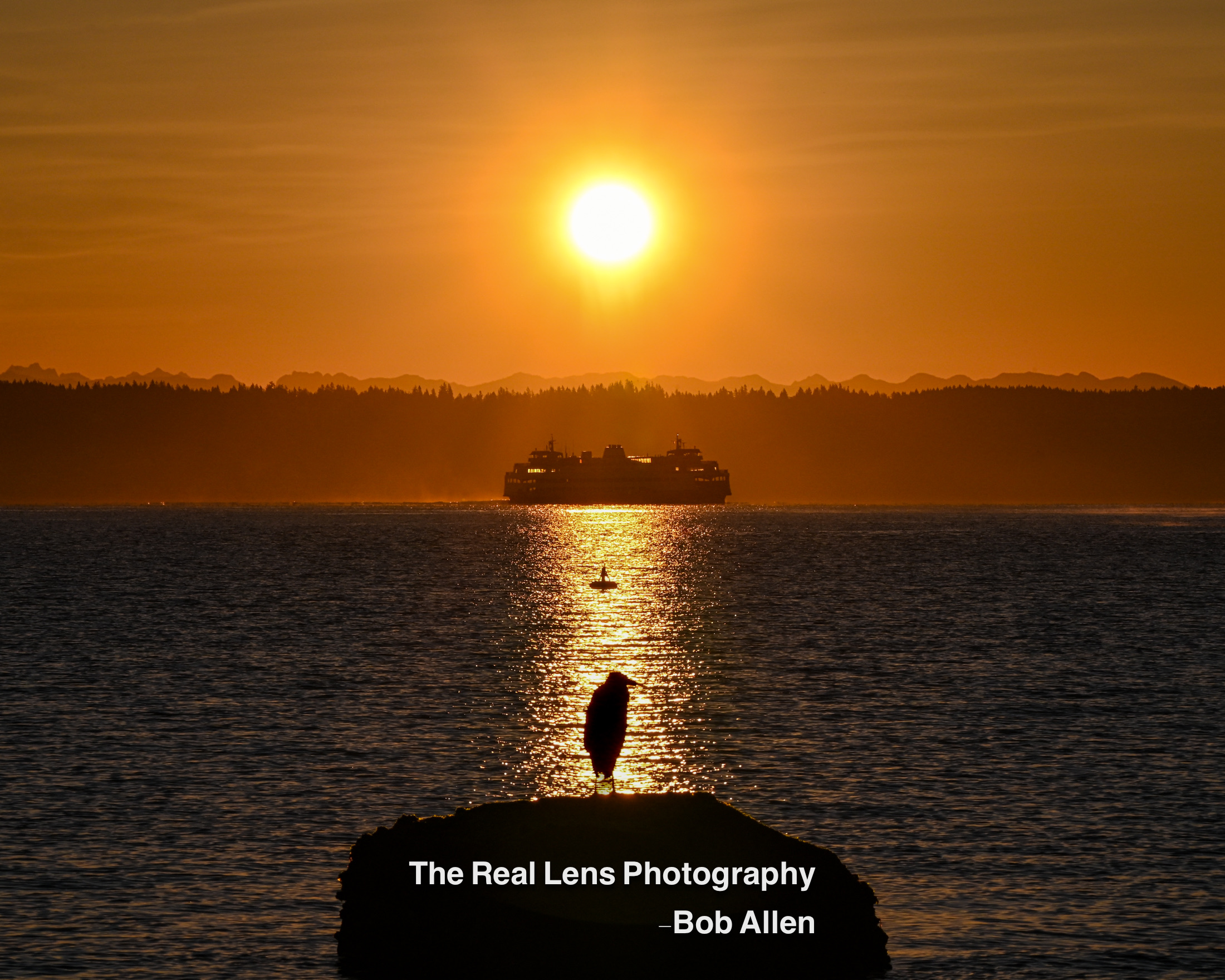 A ferry crossing sunlit water beneath the Olympic Mountains at sunset